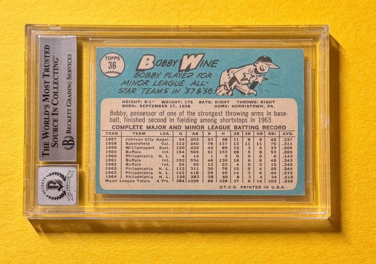 1965 TOPPS BOBBY WINE #36 SIGNED AUTO CARD BECKETT 10 AUTH PHILLIES