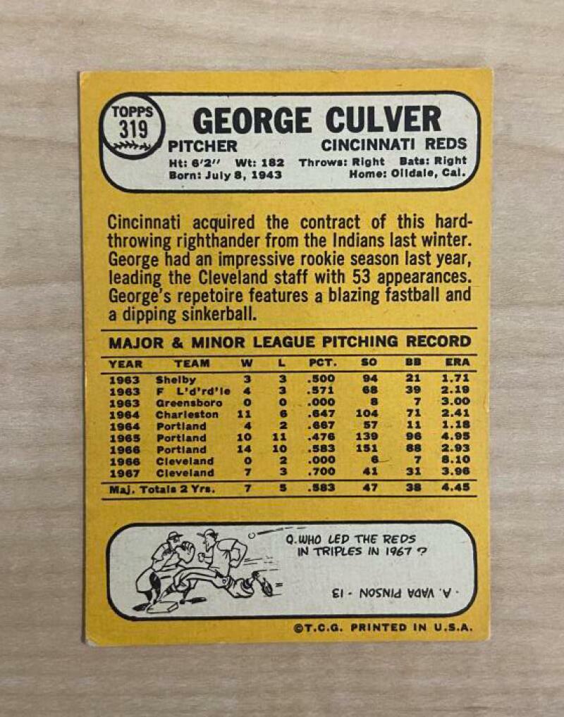 GEORGE CULVER CINCINNATI REDS SIGNED AUTOGRAPHED 1968 TOPPS CARD #319 W/COA