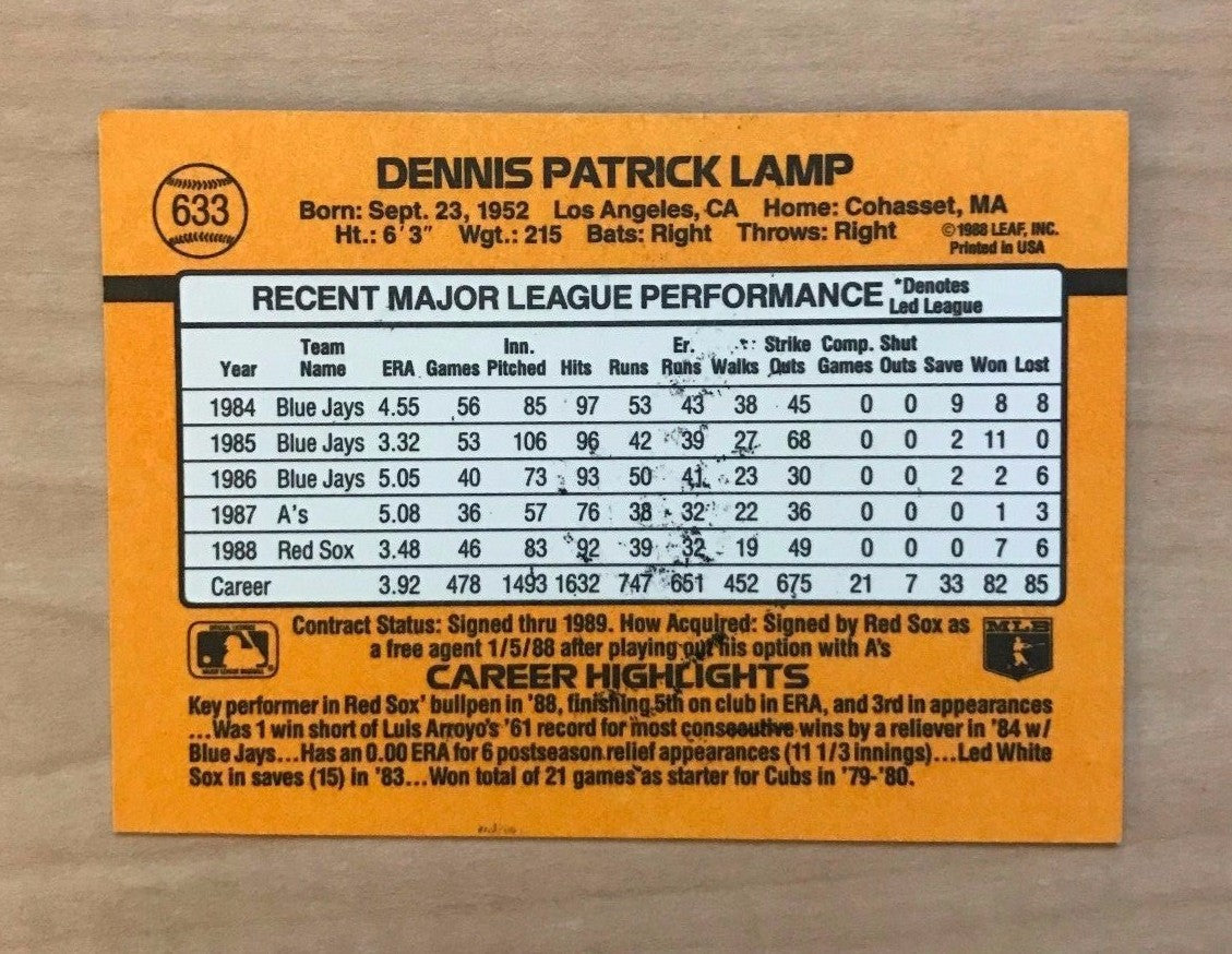 DENNIS LAMP BOSTON RED SOX SIGNED AUTOGRAPHED 1989 DONRUSS #633 W/COA