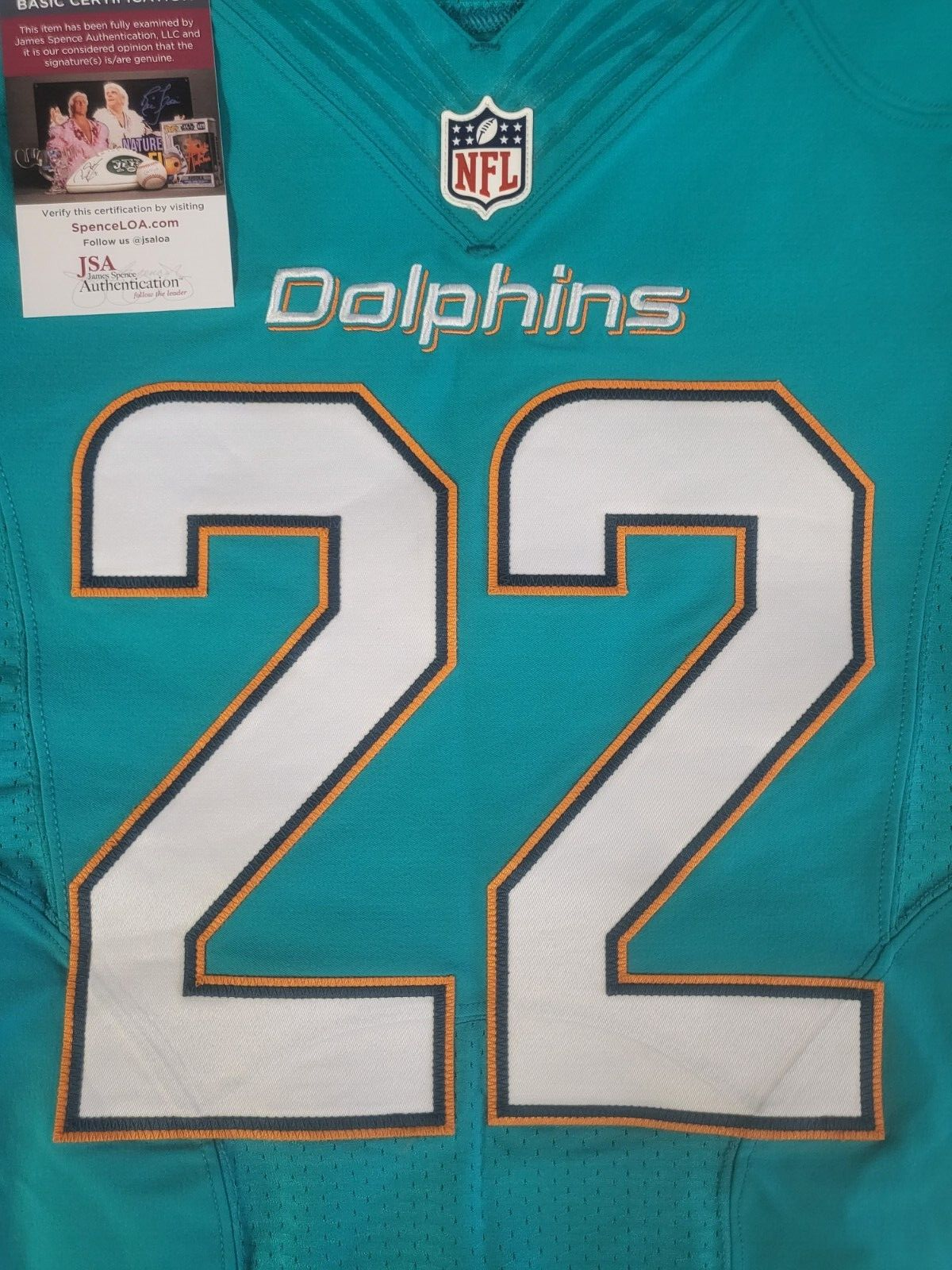 T.J. MCDONALD #22 MIA DOLPHINS SIGNED AUTO TEAM ISSUED 2014 ON FIELD JERSEY JSA