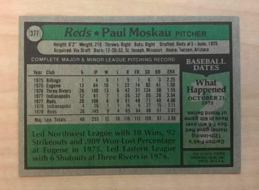 PAUL MOSKAU CINCINNATI REDS SIGNED AUTOGRAPHED 1979 TOPPS CARD #377 W/COA
