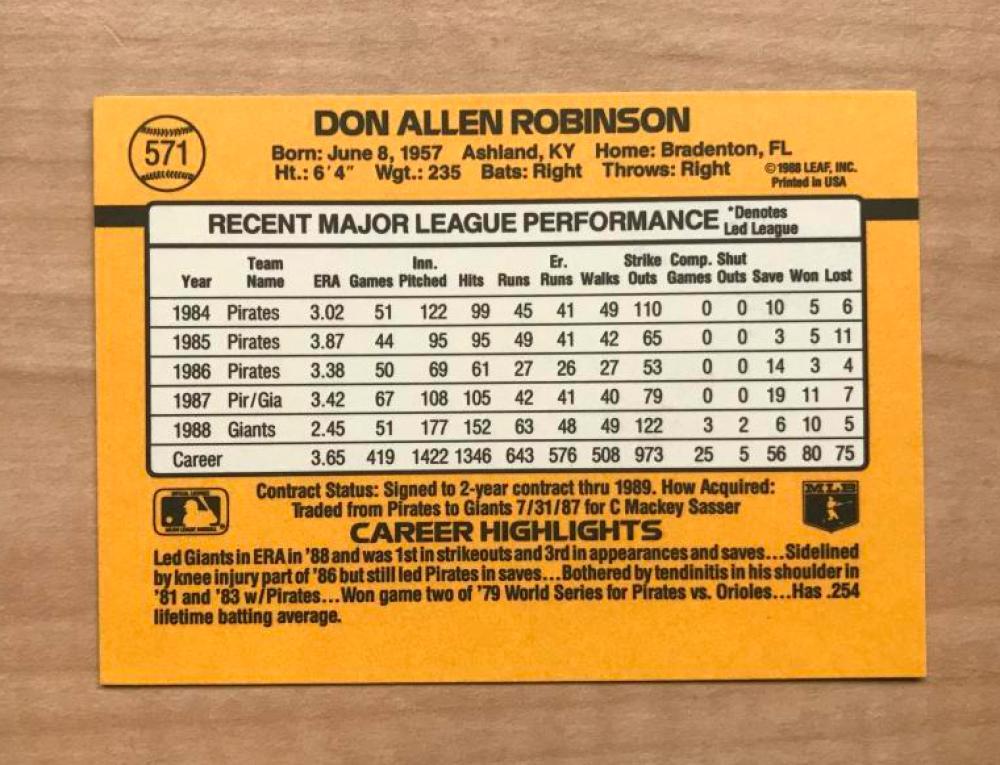DON ROBINSON SAN FRANCISCO GIANTS SIGNED AUTOGRAPHED 1989 DONRUSS CARD#571 W/COA