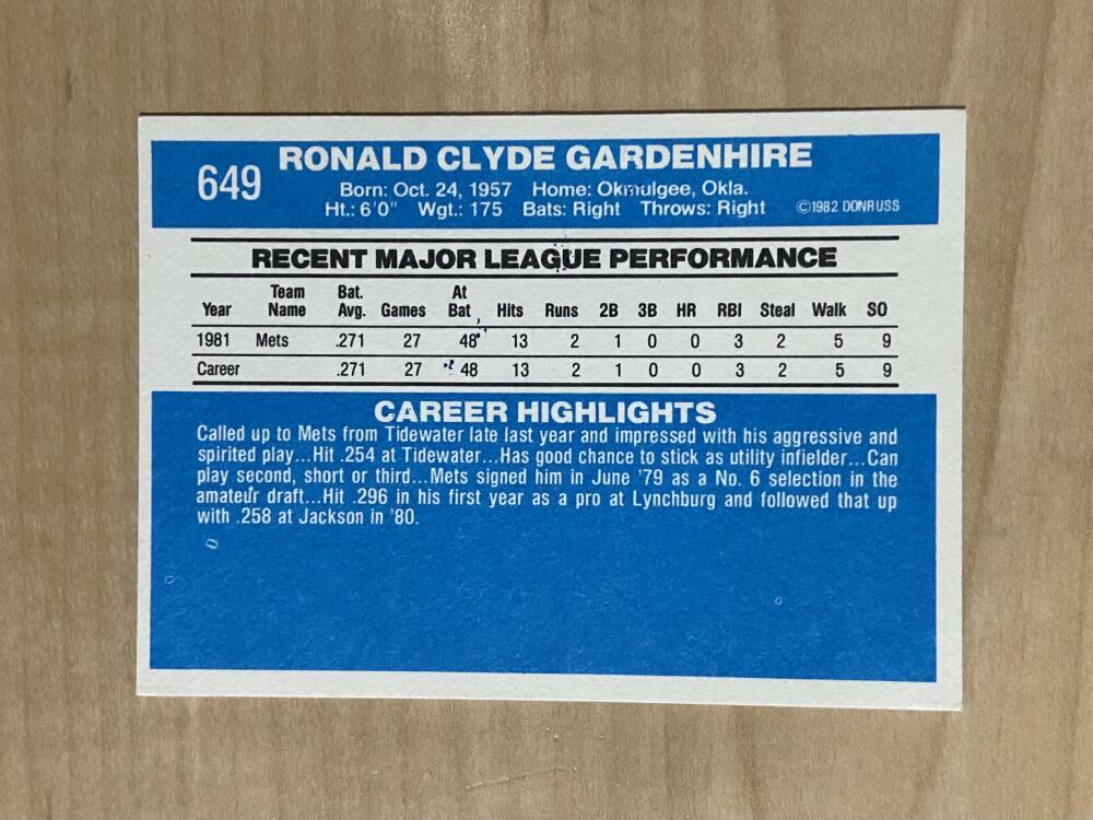 RON GARDENHIRE NEW YORK METS SIGNED AUTOGRAPHED 1982 DONRUSS CARD #649 W/COA