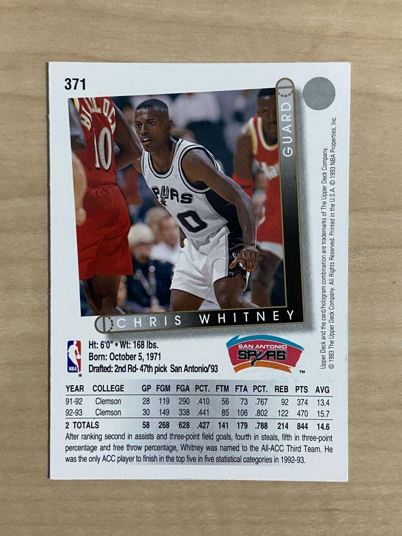 CHRIS WHITNEY SAN ANTONIO SPURS SIGNED 93-94 UPPER DECK CARD #371 W/COA