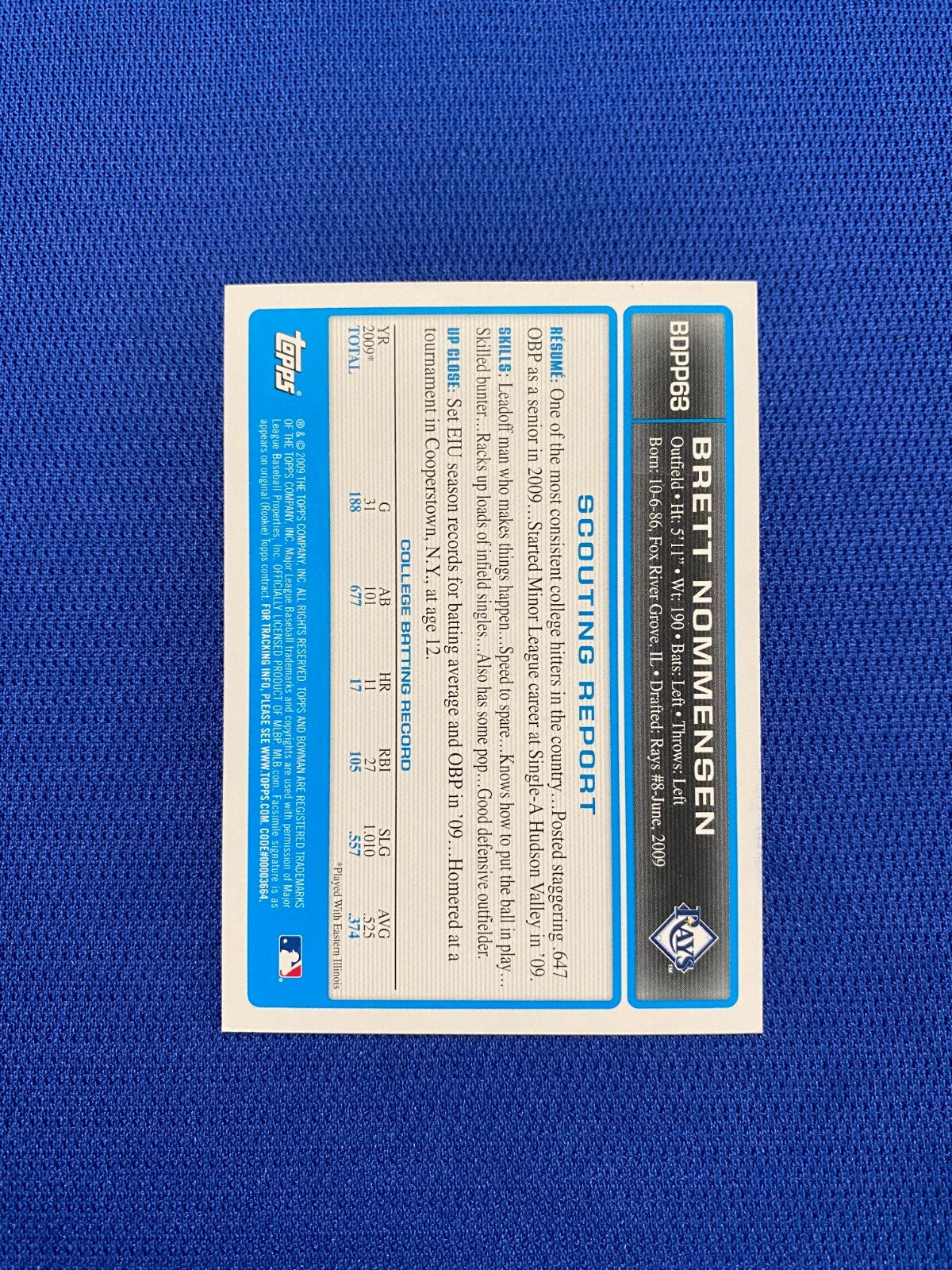 2009 BOWMAN DP BRETT NOMMENSEN TB RAYS AUTO SIGNED RC CARD #BDPP63 W/COA