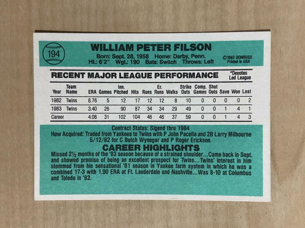 PETE FILSON MINNESOTA TWINS SIGNED AUTOGRAPHED 1984 DONRUSS CARD #194 W/COA