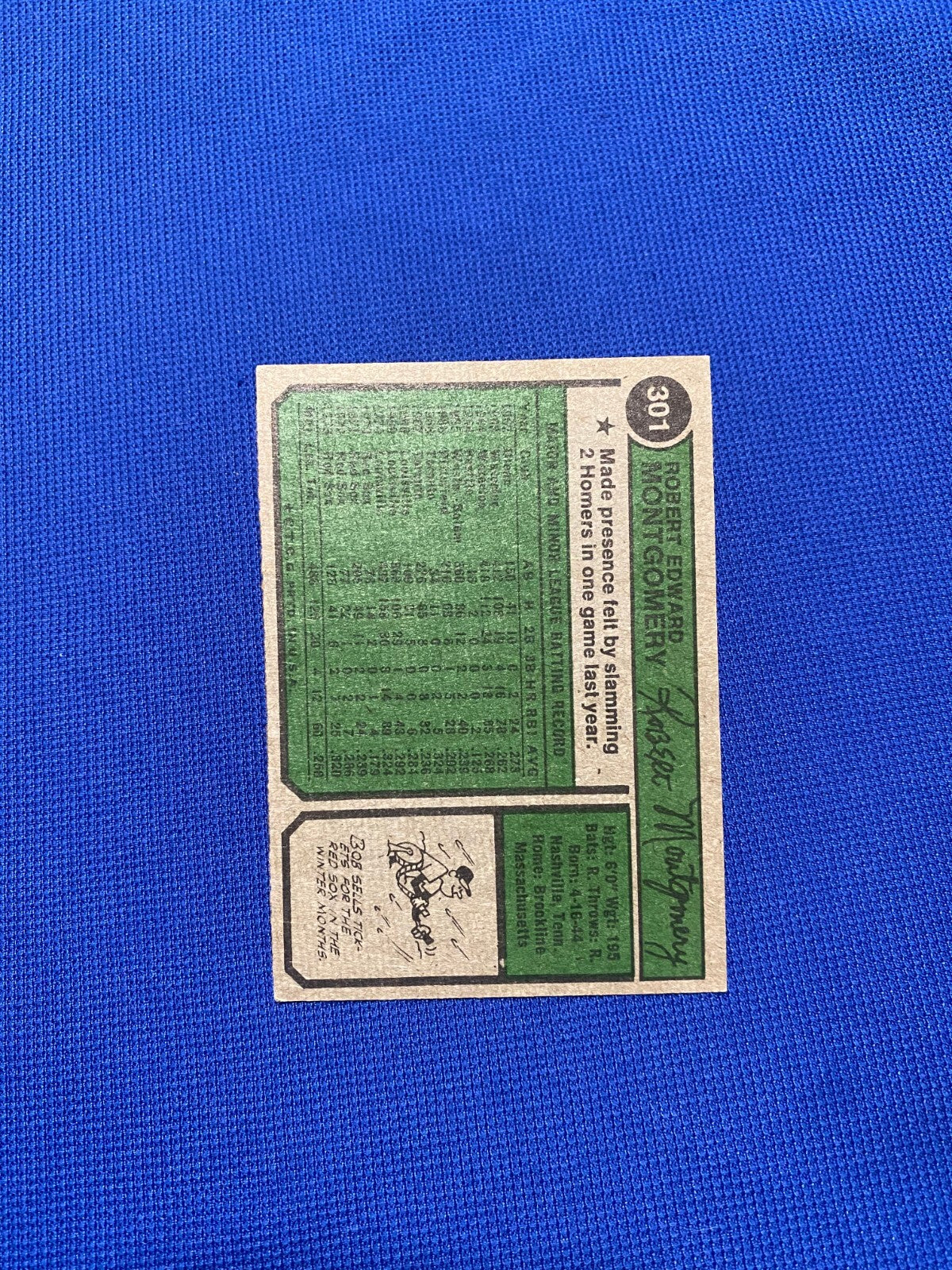 1975 TOPPS BOB MONTGOMERY BOSTON RED SOX SIGNED AUTOGRAPHED CARD #301 W/COA