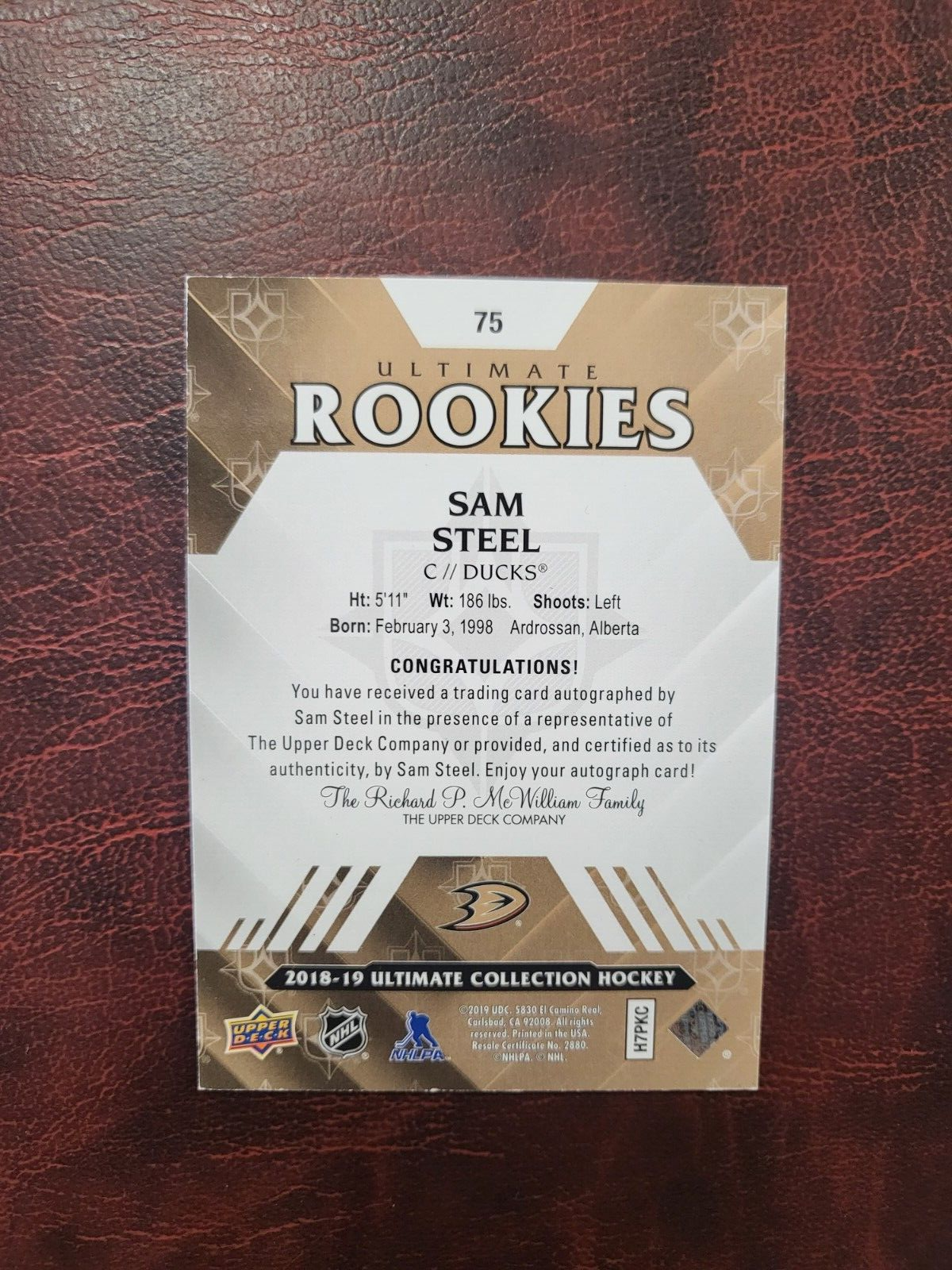 2018-19 UPPER DECK ULTIMATE ROOKIES SAM STEEL AUTO AUTOGRAPH RC ROOKIE /299