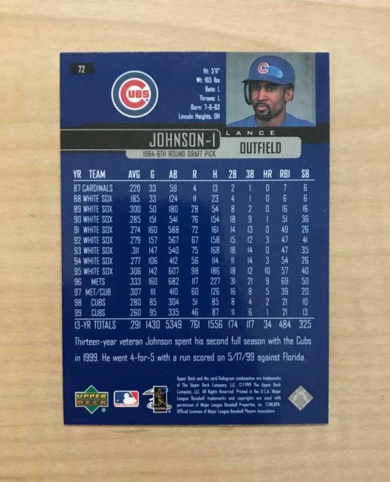 LANCE JOHNSON CHICAGO CUBS SIGNED AUTOGRAPHED 2000 UPPER DECK CARD #72 W/COA 