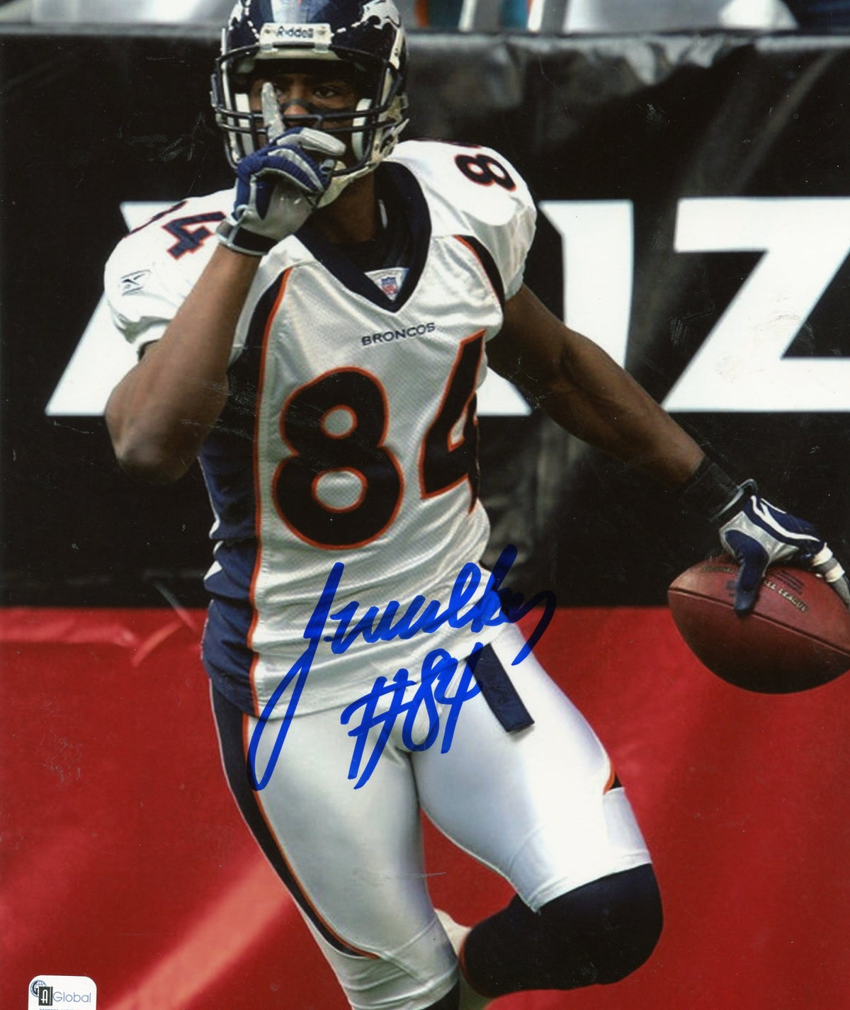JAVON WALKER GLOBAL STICKER GV 229551  DENVER BRONCOS SIGNED AUTOGRAPHED 8X10 