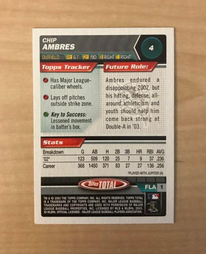 CHIP AMBRES FLORIDA MARLINS SIGNED AUTOGRAPHED 2003 TOPPS TOTAL CARD #4 W/COA 