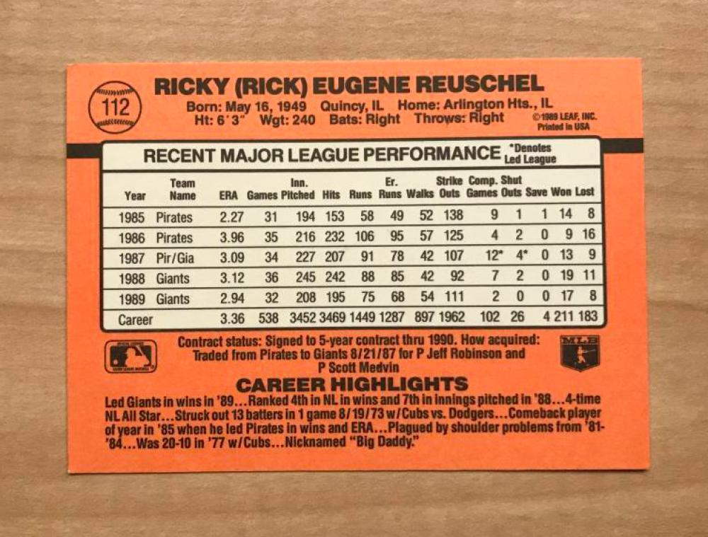 RICK REUSCHEL SAN FRANCISCO GIANTS AUTOGRAPHED DONRUSS 1990 CARD #112 W/COA