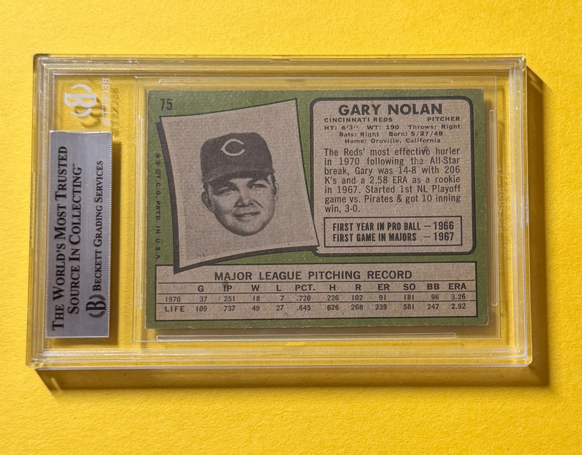 1971 TOPPS GARY NOLAN #75 SIGNED AUTO CARD BECKETT AUTHENTIC REDS