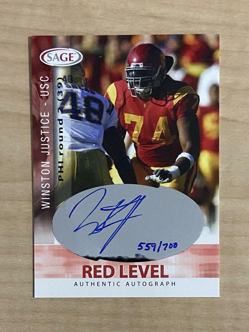 WINSTON JUSTICE USC TROJANS SIGNED AUTOGRAPHED 2006 SAGE 559/700 CARD #A30 W/COA