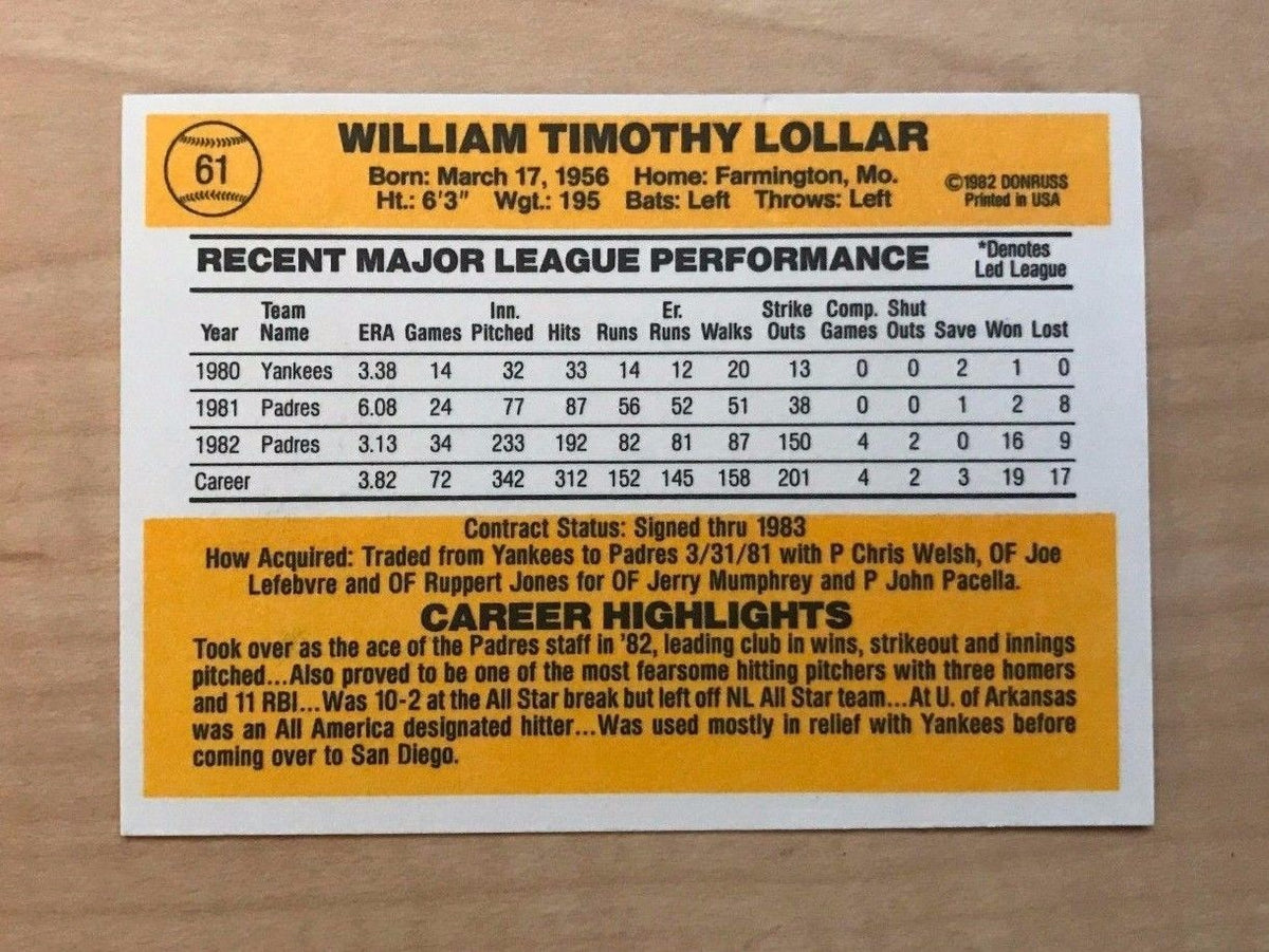 TIM LOLLAR SAN DIEGO PADRES SIGNED AUTOGRAPHED 1983 DONRUSS CARD #61 W/COA