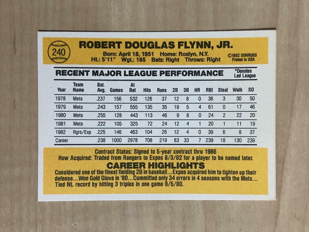 DOUG FLYNN MONTREAL EXPOS SIGNED AUTOGRAPHED 1983 DONRUSS CARD #240 W/COA