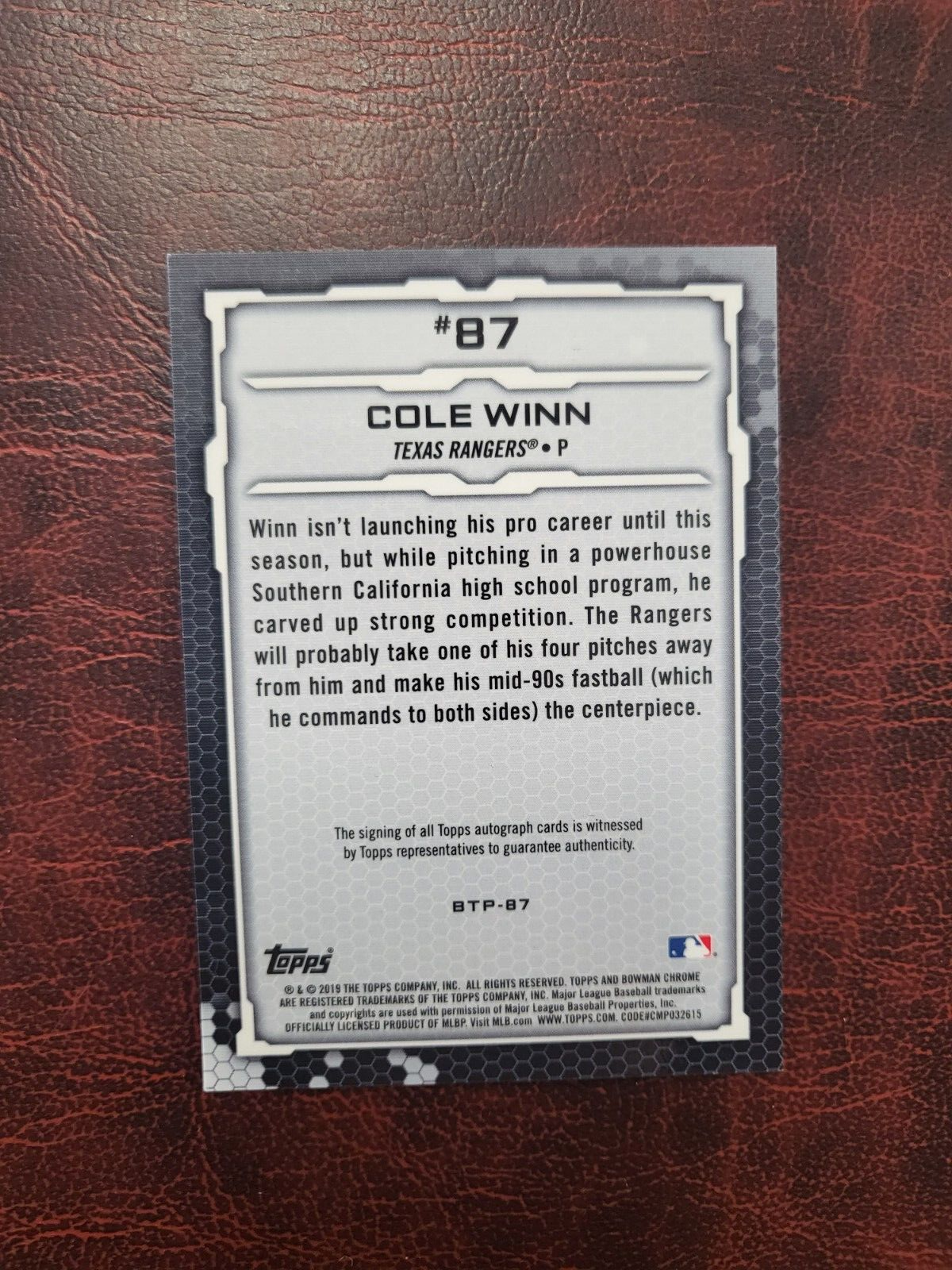 2019 BOWMAN CHROME SCOUTS COLE WINN RANGERS AUTO TOP 100 CARD /50 RARE