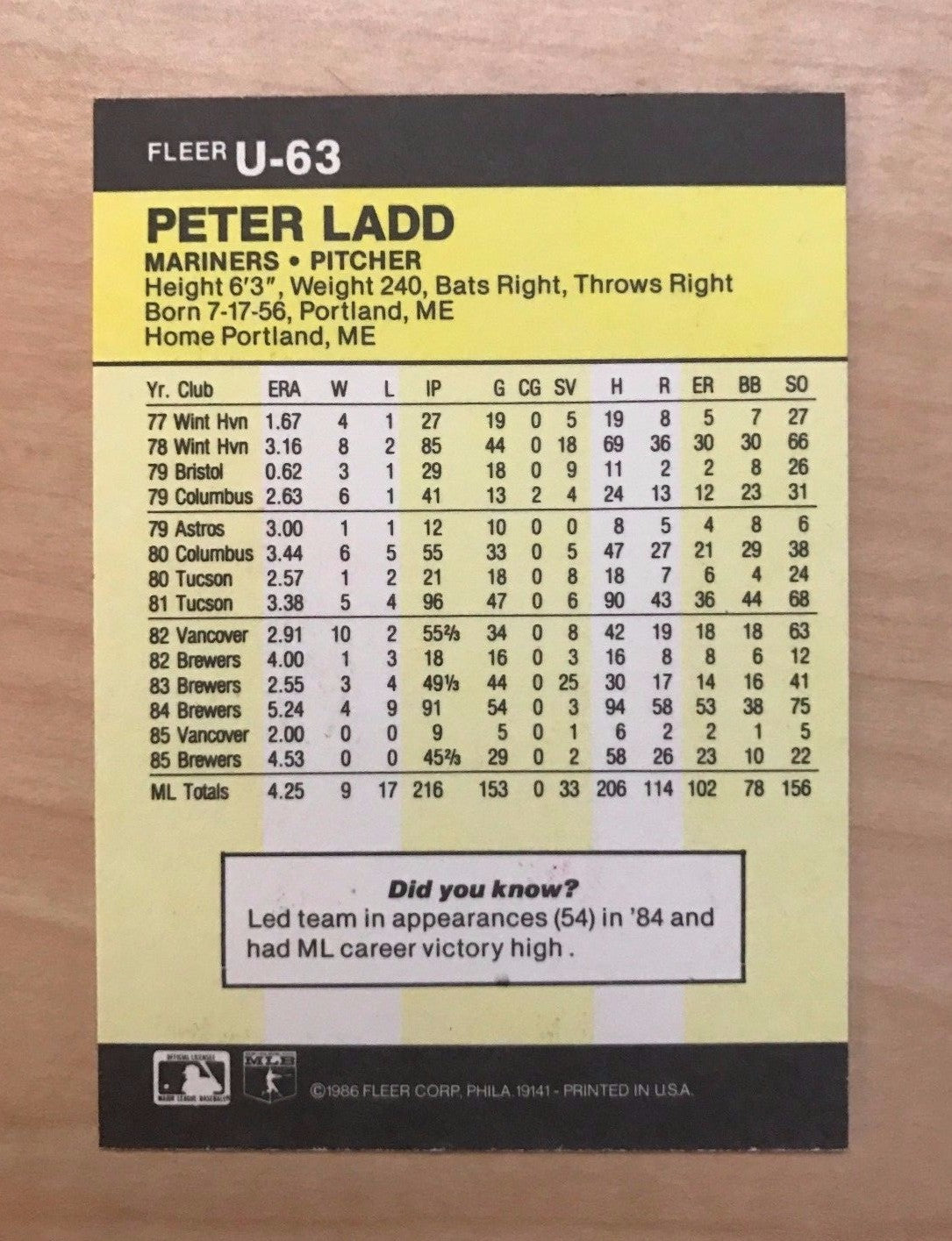 PETE LADD SEATTLE MARINERS SIGNED AUTOGRAPHED 1986 FLEER UPDATE #63 W/COA