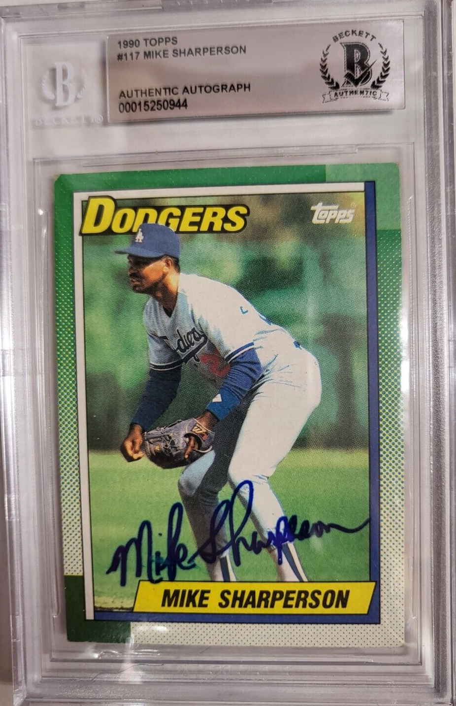 1990 TOPPS MIKE SHARPERSON DODGERS #117 AUTO SIGNED CARD BECKETT AUTHENTIC