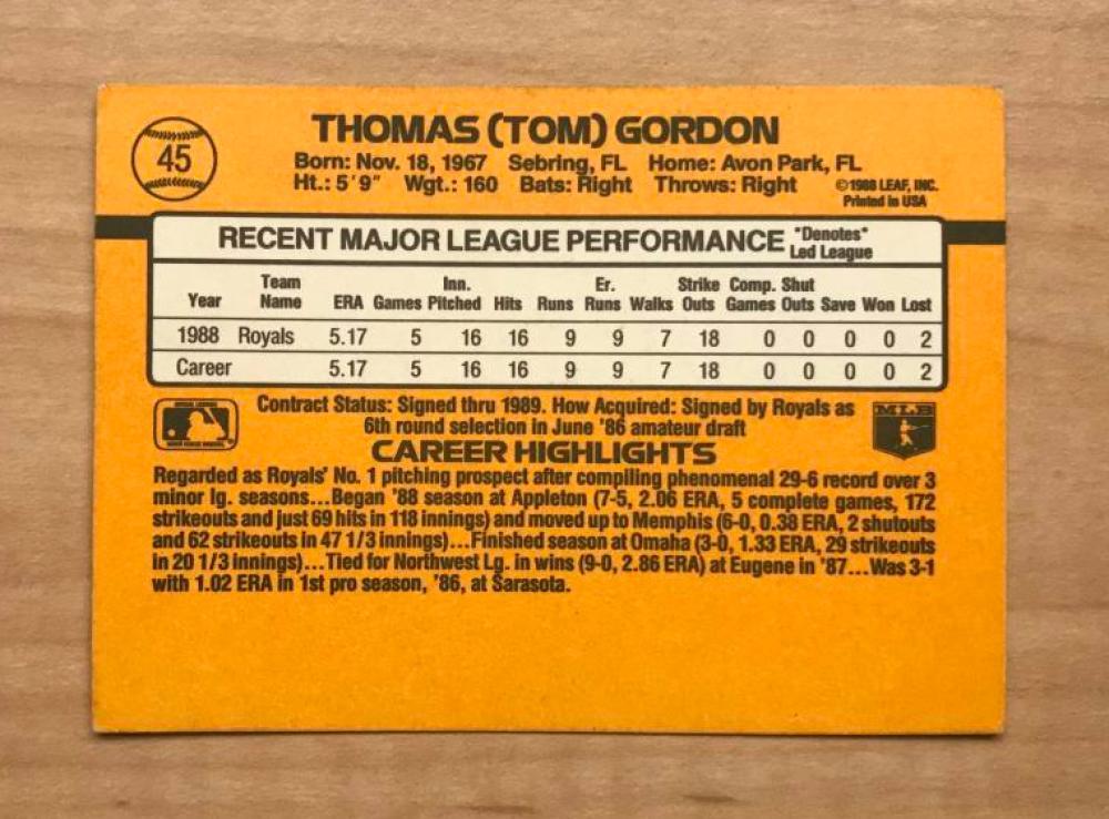 TOM GORDON KANSAS CITY ROYALS SIGNED AUTOGRAPHED 1989 DONRUSS CARD #45 W/COA 
