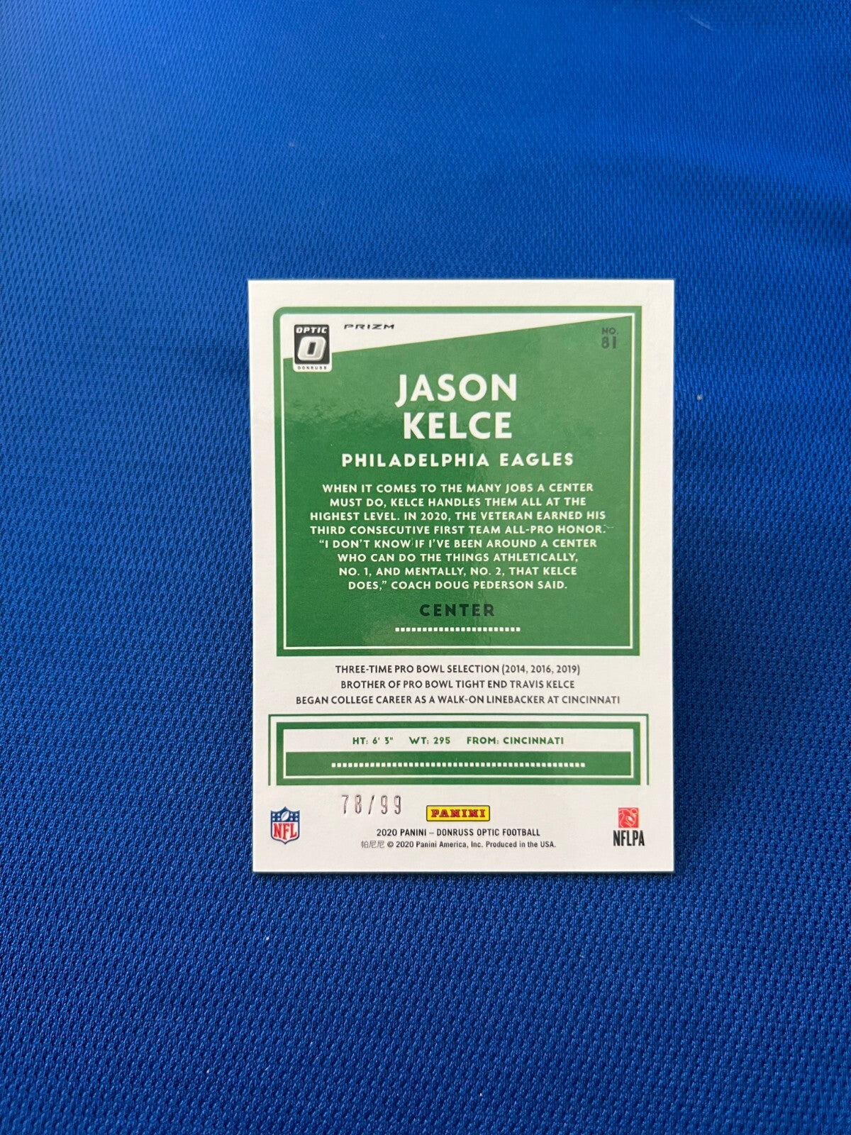 2020 DONRUSS OPTIC JASON KELCE PHILADELPHIA EAGLES RED PRIZM /99 #81