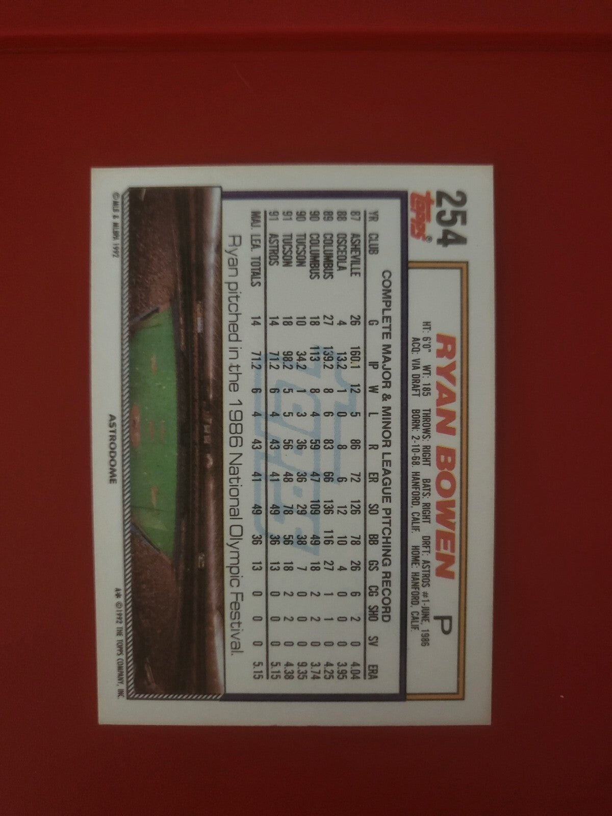 1992 TOPPS RYAN BOWEN HOUSTON ASTROS SIGNED AUTOGRAPHED CARD #254 W/COA
