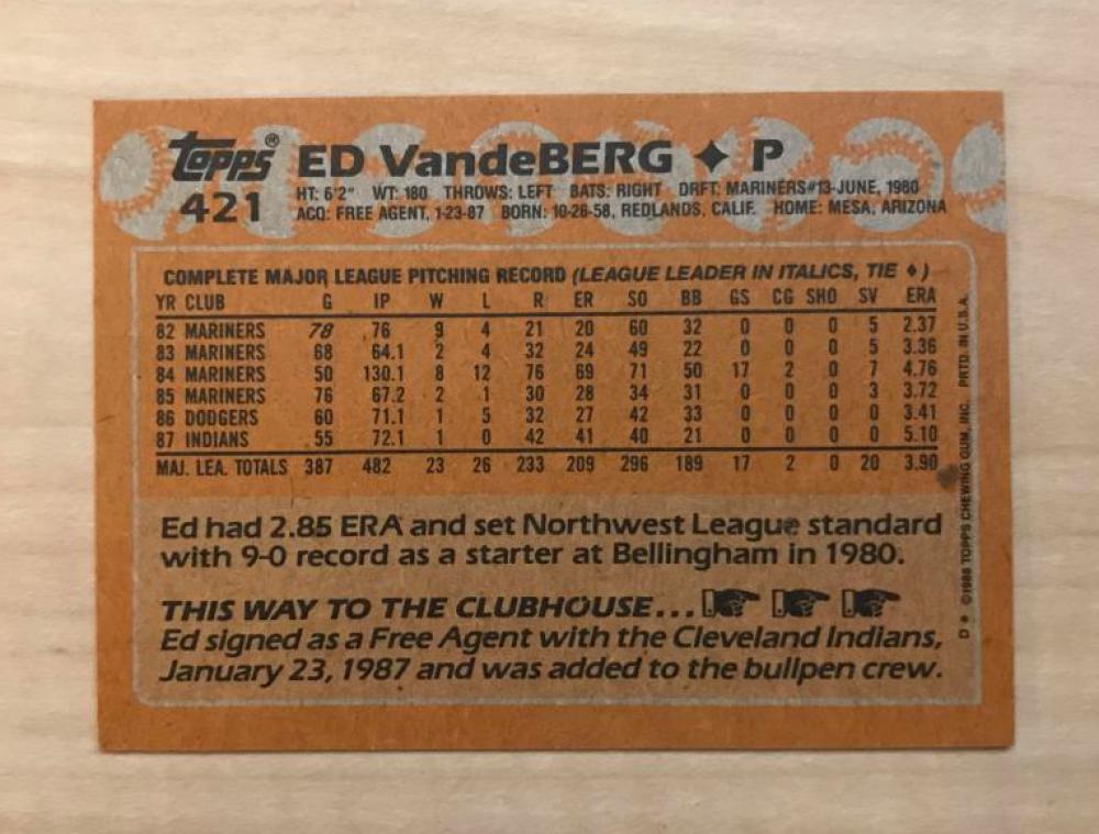 ED VANDEBERG CLEVELAND INDIANS SIGNED AUTOGRAPHED 1988 TOPPS CARD #421 W/COA 