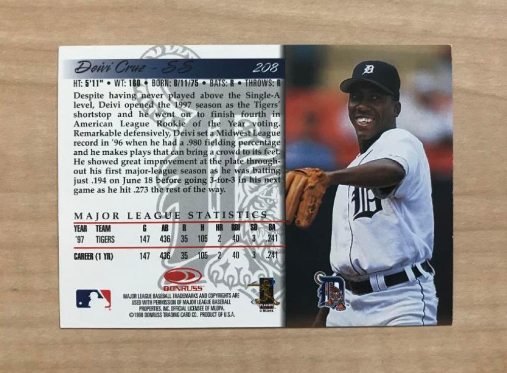 DEIVI CRUZ DETROIT TIGERS SIGNED AUTOGRAPHED 1998 DONRUSS CARD #208 W/COA