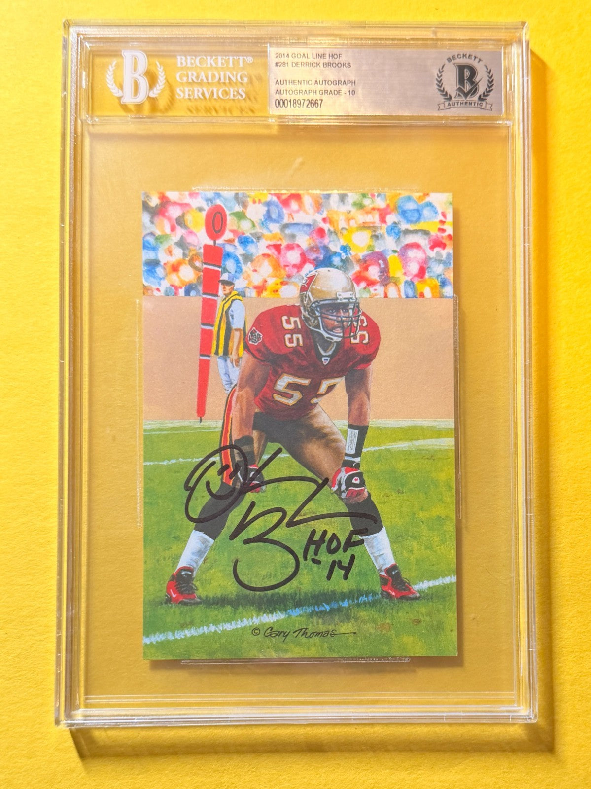 1989 GOAL LINE HOF DERRICK BROOKS #281 SIGNED ART BECKETT AUTHENTIC 10 "HOF 14"