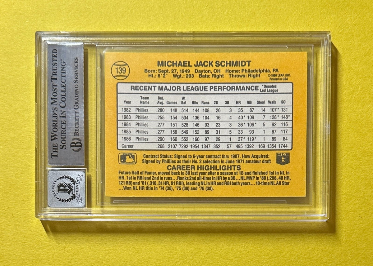 1968 DONRUSS MIKE SCHMIDT #139 SIGNED AUTO BECKETT AUTH 10 INSCRIBED "HOF 25"