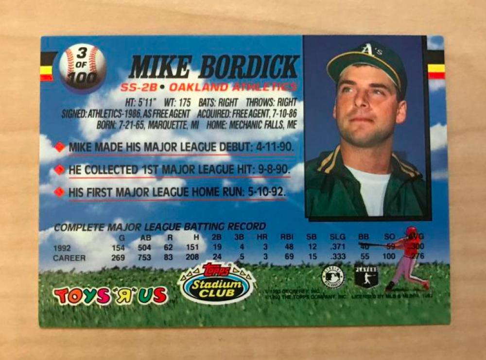 MIKE BORDICK OAKLAND ATHLETICS SIGNED AUTOGRAPHED 1993 STADIUM CLUB CARD#3 W/COA