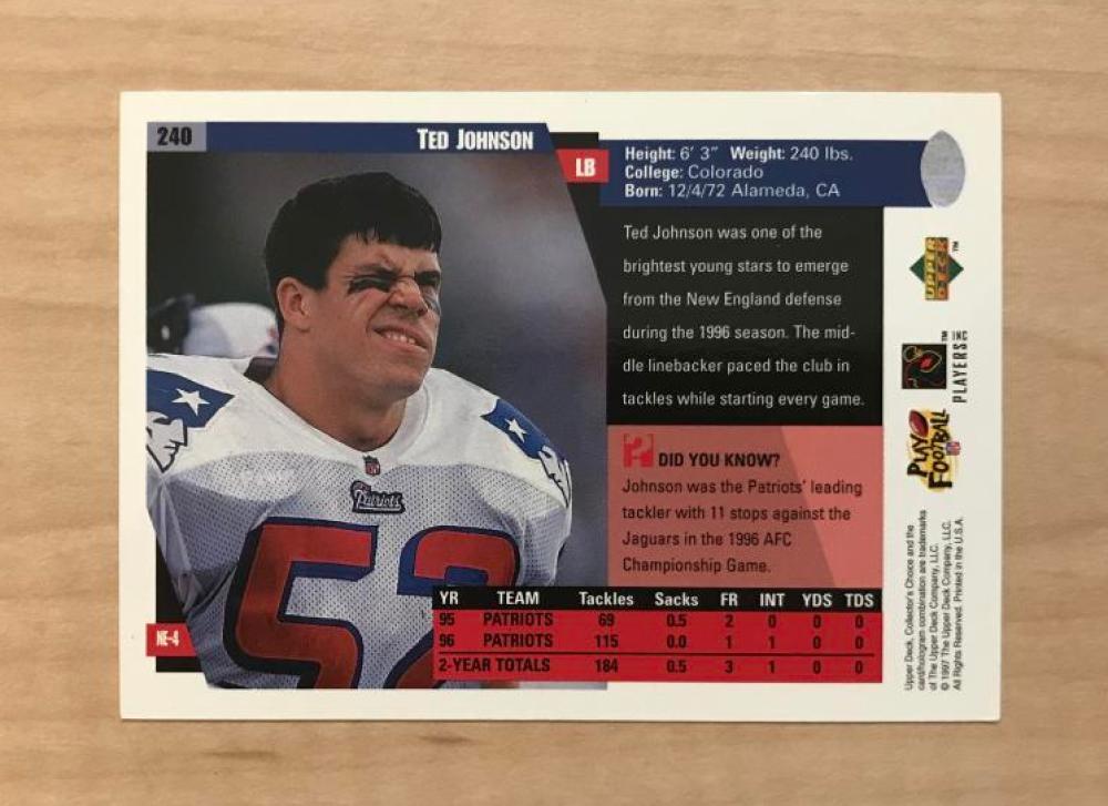 TED JOHNSON NEW ENGLAND PATRIOTS AUTOGRAPHED 1997 UPPER DECK CARD #240 W/COA