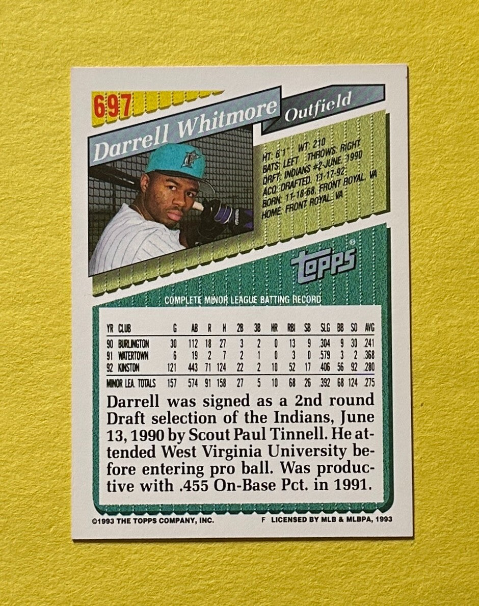 1993 TOPPS DARRELL WHITMORE SIGNED AUTOGRAPH CARD W/ COA #697 MARLINS