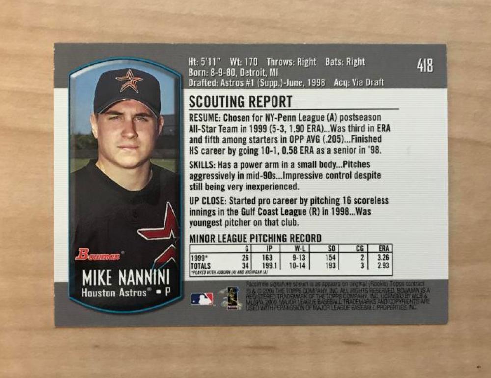MIKE NANNINI HOUSTON ASTROS SIGNED AUTOGRAPHED 2000 BOWMAN CARD #418 W/COA 