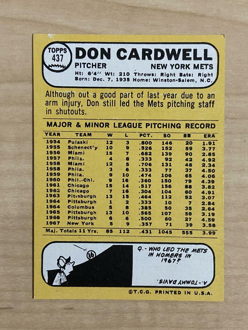 DON CARDWELL NEW YORK METS SIGNED AUTOGRAPHED 1968 TOPPS CARD #437 W/COA