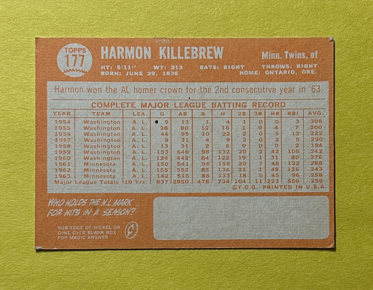 1964 TOPPS HARMON KILLEBREW #177 TWINS HOF