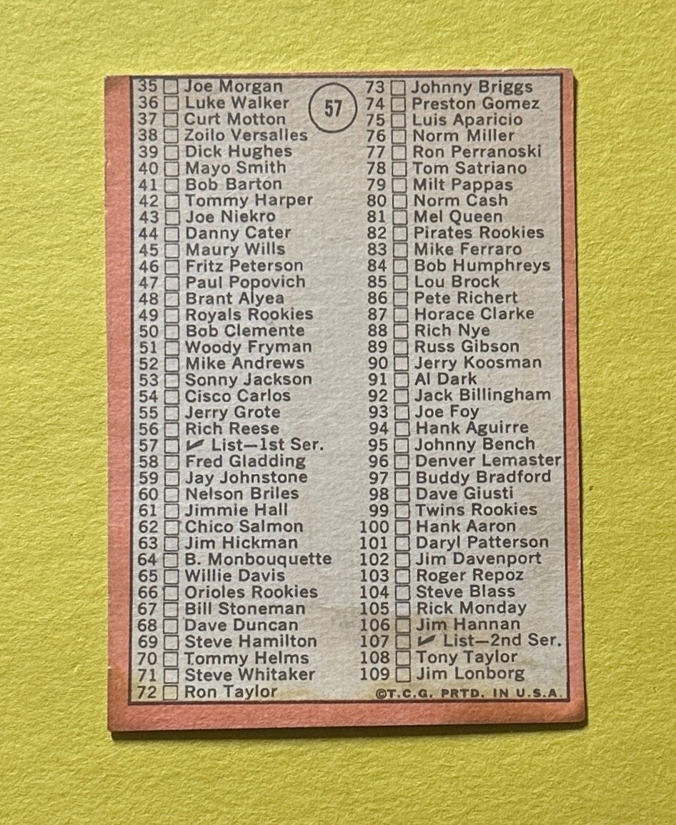1969 TOPPS 1ST SERIES CHECK LIST #57