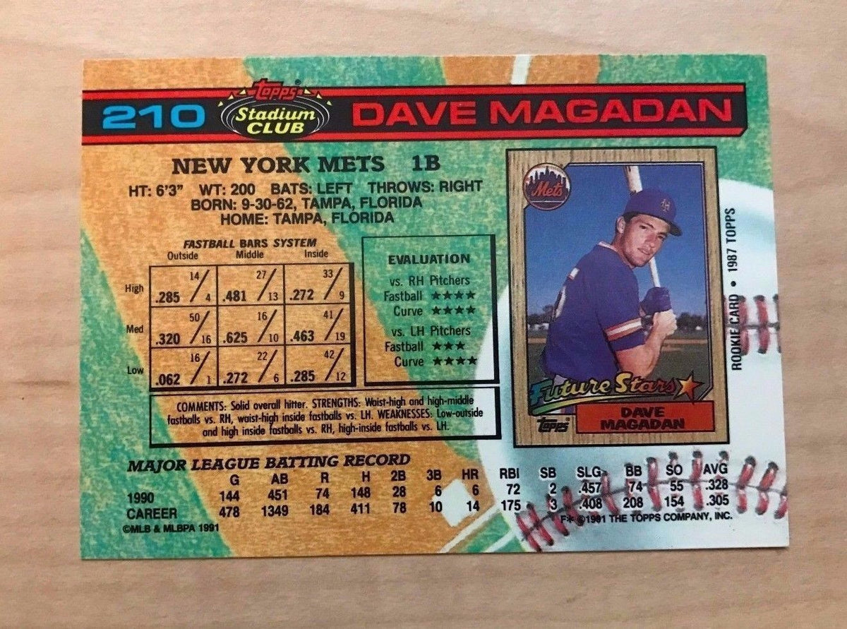DAVE MAGADAN NEW YORK METS SIGNED AUTOGRAPHED 1991 STADIUM CLUB CARD #210 W/COA