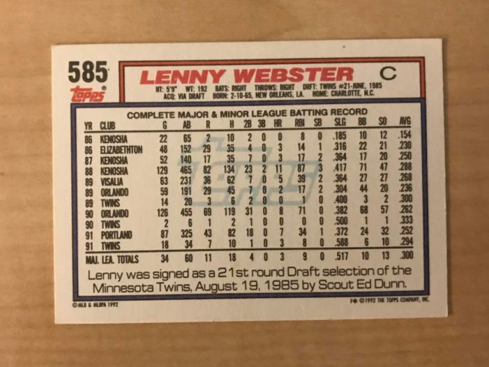 LENNY WEBSTER MINNESOTA TWINS SIGNED AUTOGRAPHED 1992 TOPPS CARD #585 W/COA 