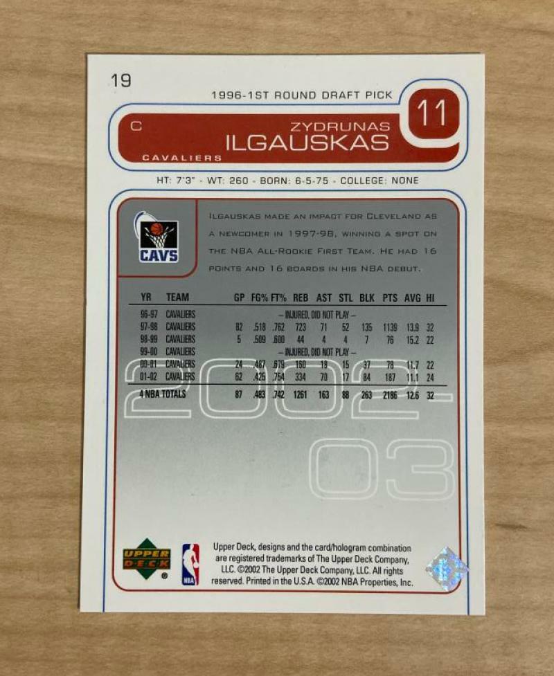 ZYDRUNAS ILGAUSKAS CLEVELAND CAVALIERS SIGNED 02-03 UPPER DECK CARD #19 W/COA