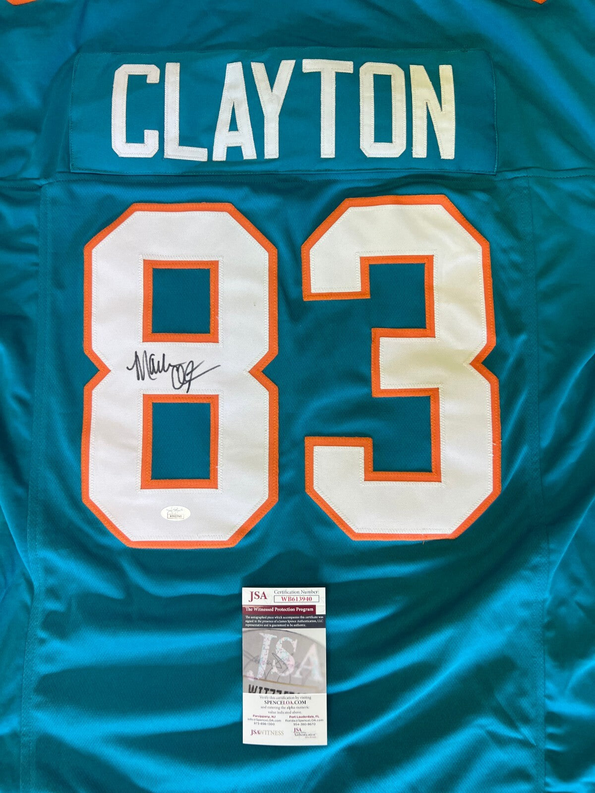 MARK CLAYTON #83 MIAMI DOLPHINS AUTOGRAPHED SIGNED TEAL JERSEY JSA COA