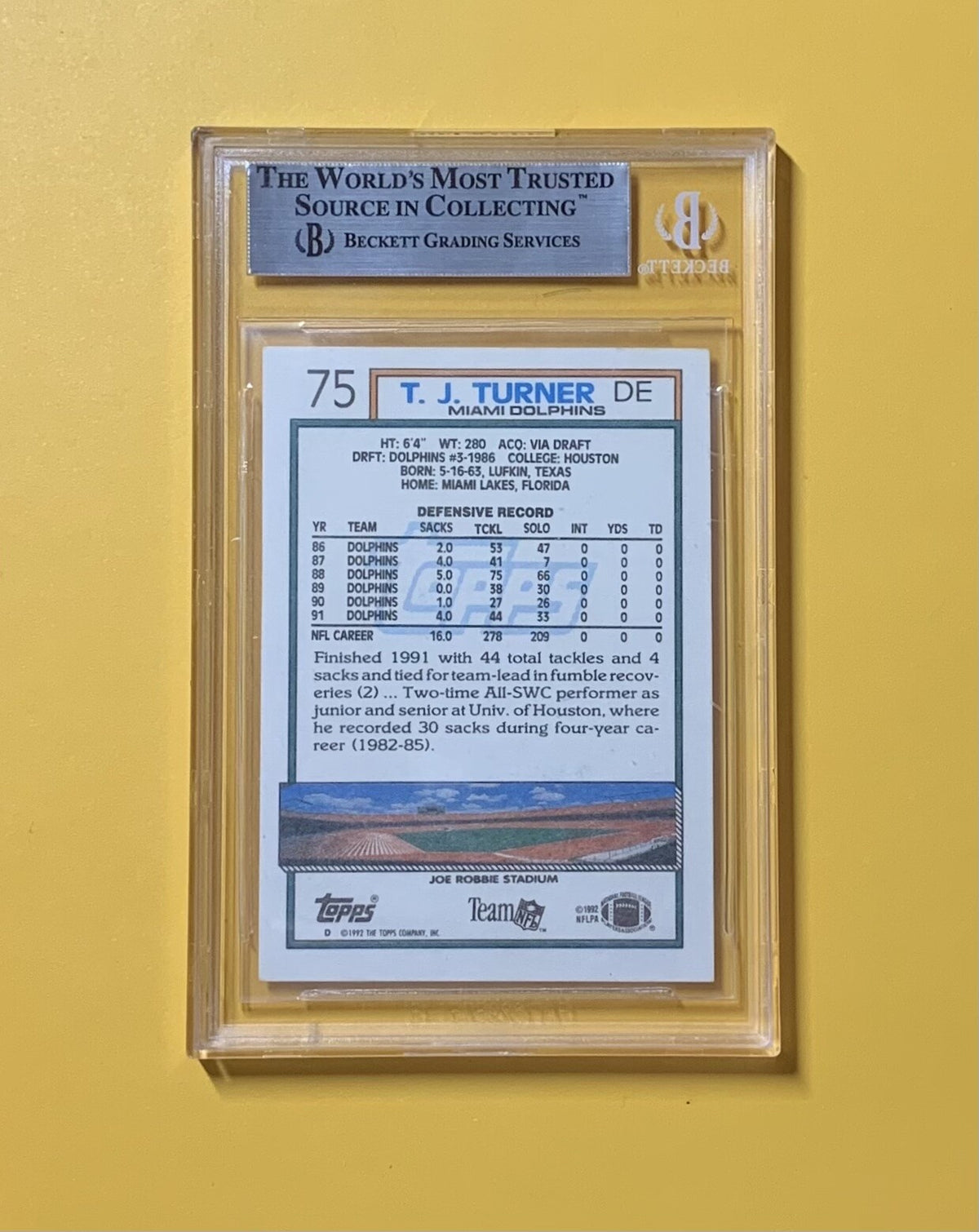 1992 TOPPS T.J. TURNER #75 AUTHENTIC AUTO BECKETT CERTIFIED DOLPHINS