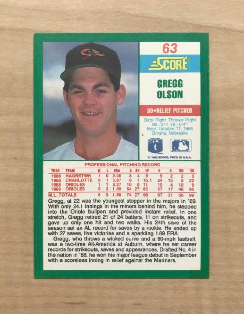 GREGG OLSON BALTIMORE ORIOLES SIGNED AUTOGRAPHED 1990 SCORE CARD #63 W/COA