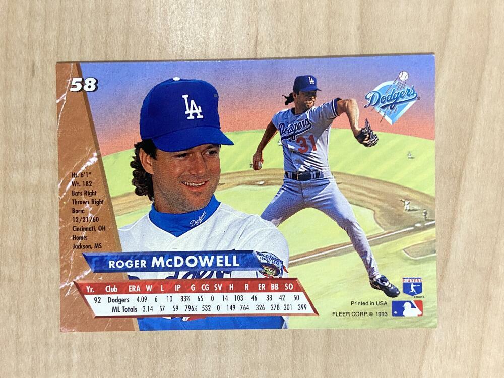 ROGER MCDOWELL LOS ANGELES DODGERS SIGNED 1993 FLEER CARD #58 W/COA