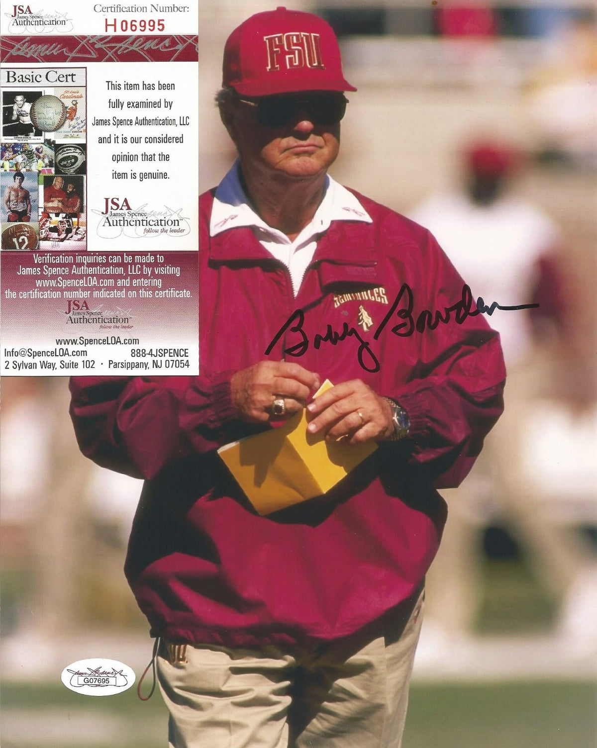 BOBBY BOWDEN SEMINOLES FSU COACH SIGNED AUTOGRAPHED 8X10 PHOTO JSA COA #G07695