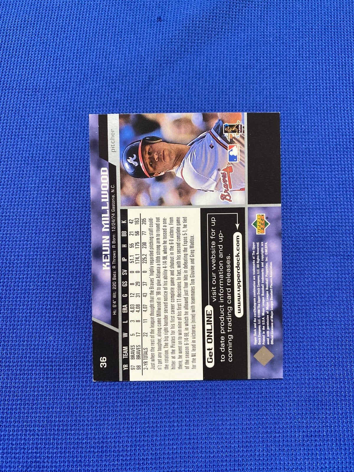 1998 UPPER DECK KEVIN MILLWOOD BRAVES SIGNED AUTOGRAPHED AUTO CARD #36 W/COA