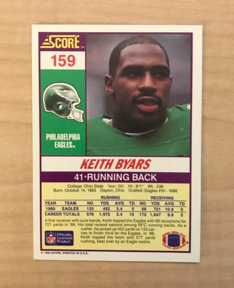 KEITH BYARS PHILADELPHIA EAGLES SIGNED AUTOGRAPHED 1990 SCORE CARD #159 W/COA 