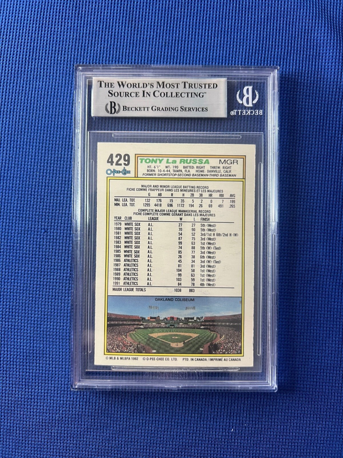 1992 O-PEE-CHEE TONY LARUSSA MANAGER A'S SIGNED AUTOGRAPHED CARD #429 BECKETT