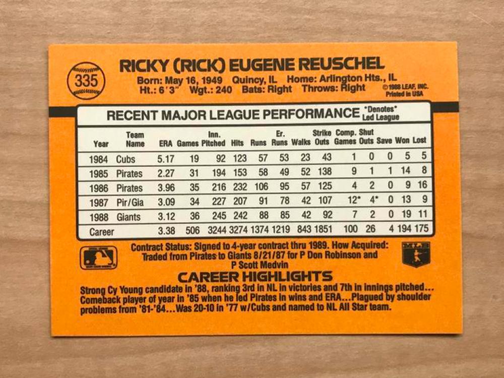 RICK REUSCHEL SAN FRANCISCO GIANTS AUTOGRAPHED 1989 DONRUSS CARD #335 W/COA