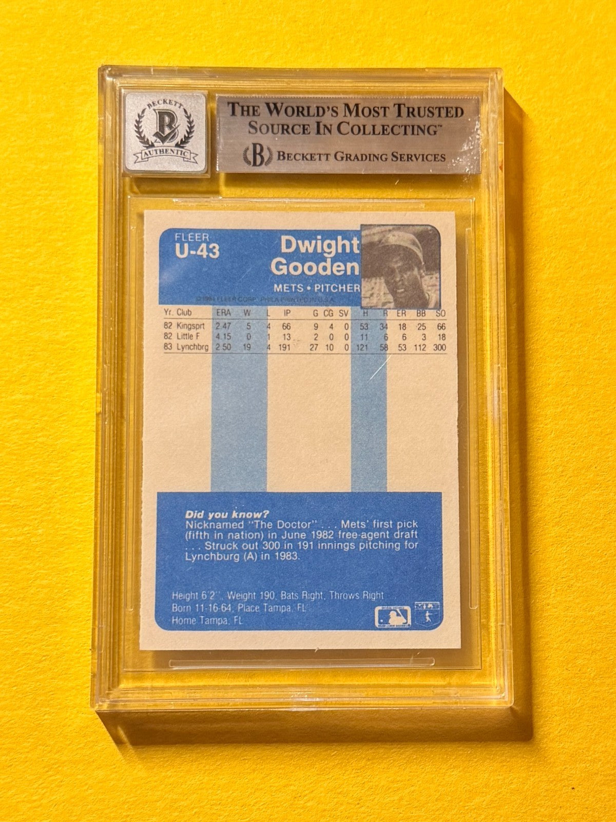1984 FLEER DWIGHT GOODEN XRC #U43 SIGNED AUTO CARD BECKETT 10 AUTHENTIC METS